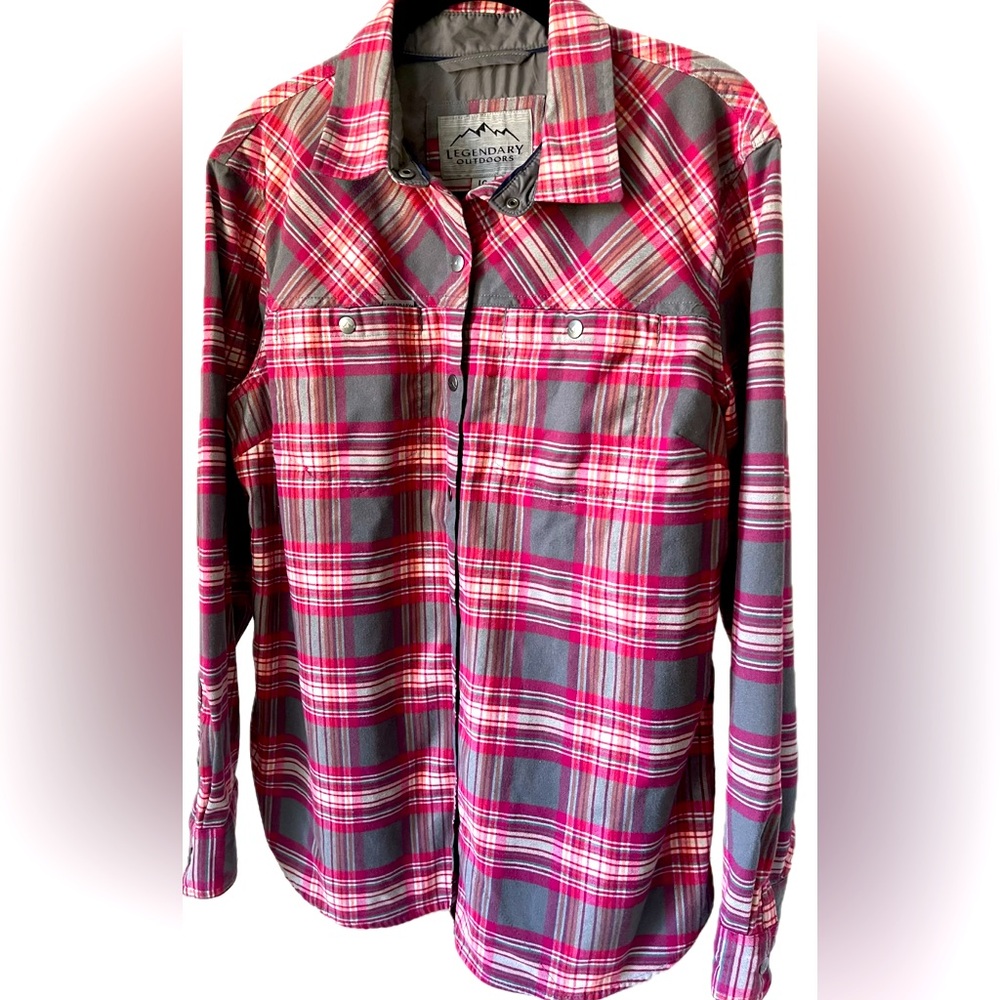 LEGENDARY OUTDOORS snap button WESTERN PLAID shirt LARGE maroon, gray & white